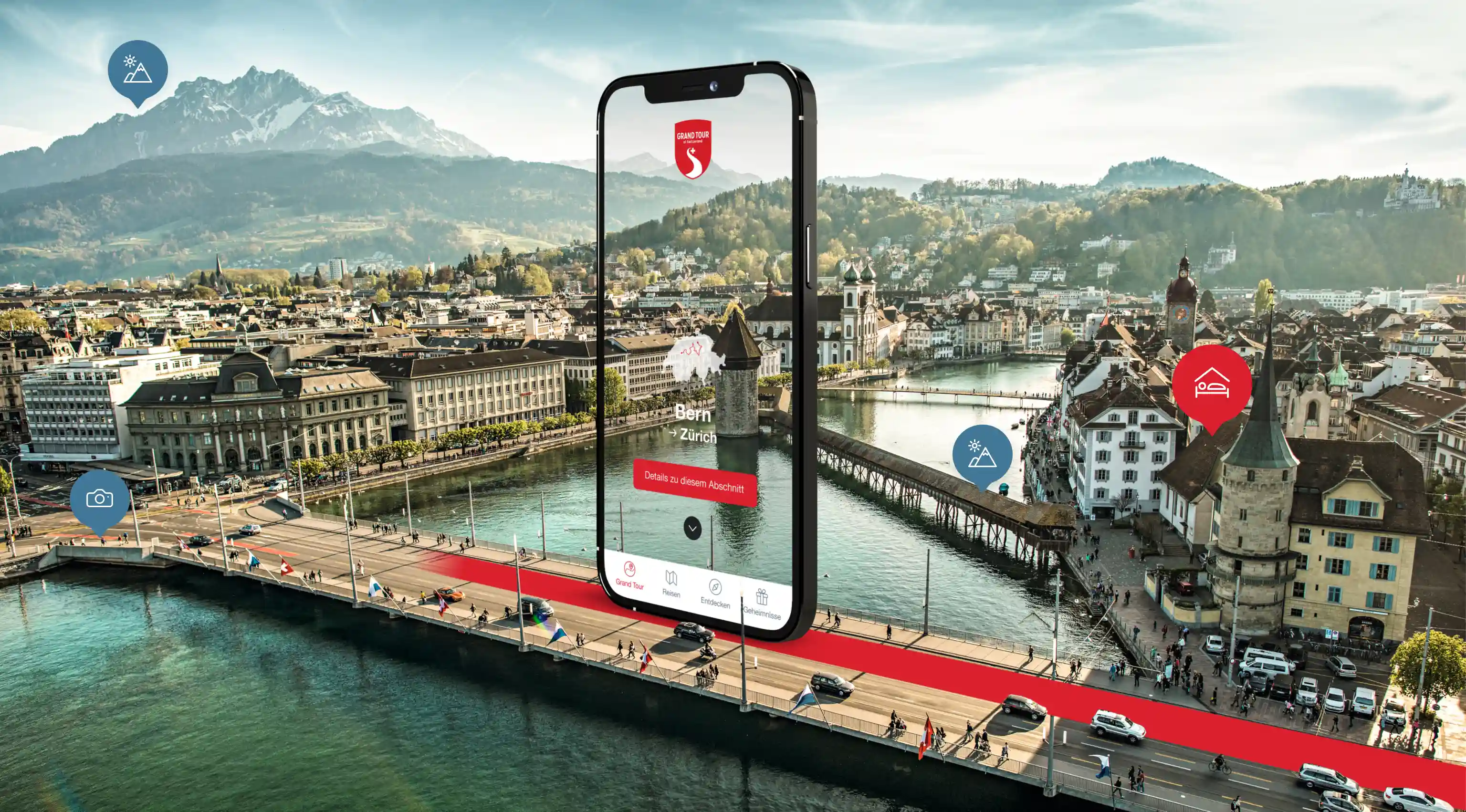 Grand Tour Switzerland App vor Panoramakulisse in Luzern