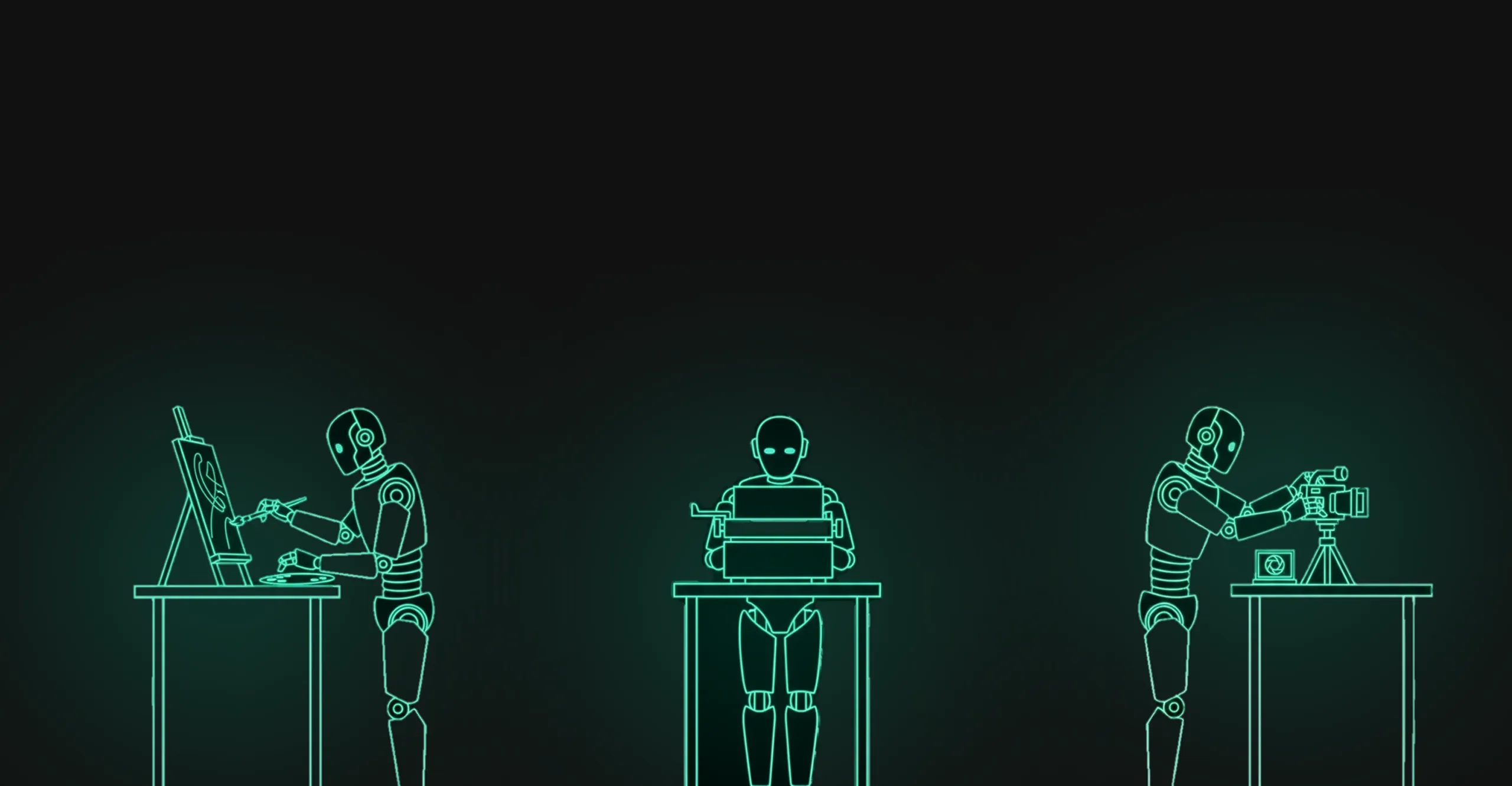 Illustration von drei Robotern, die kreativ arbeiten – einer malt, einer schreibt, einer filmt. Symbol für jls KI-gestützte Content-Erstellung im Marketing und Design.