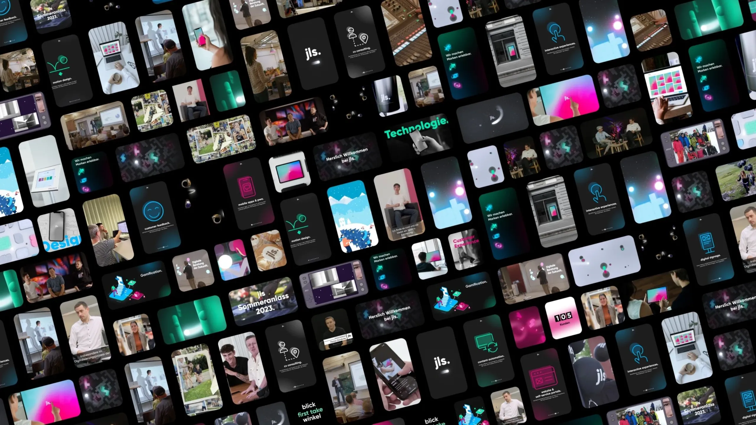 Übersicht aus automatisierten Content-Layouts und digitalen Screens zur skalierbaren Content-Produktion mit jls.