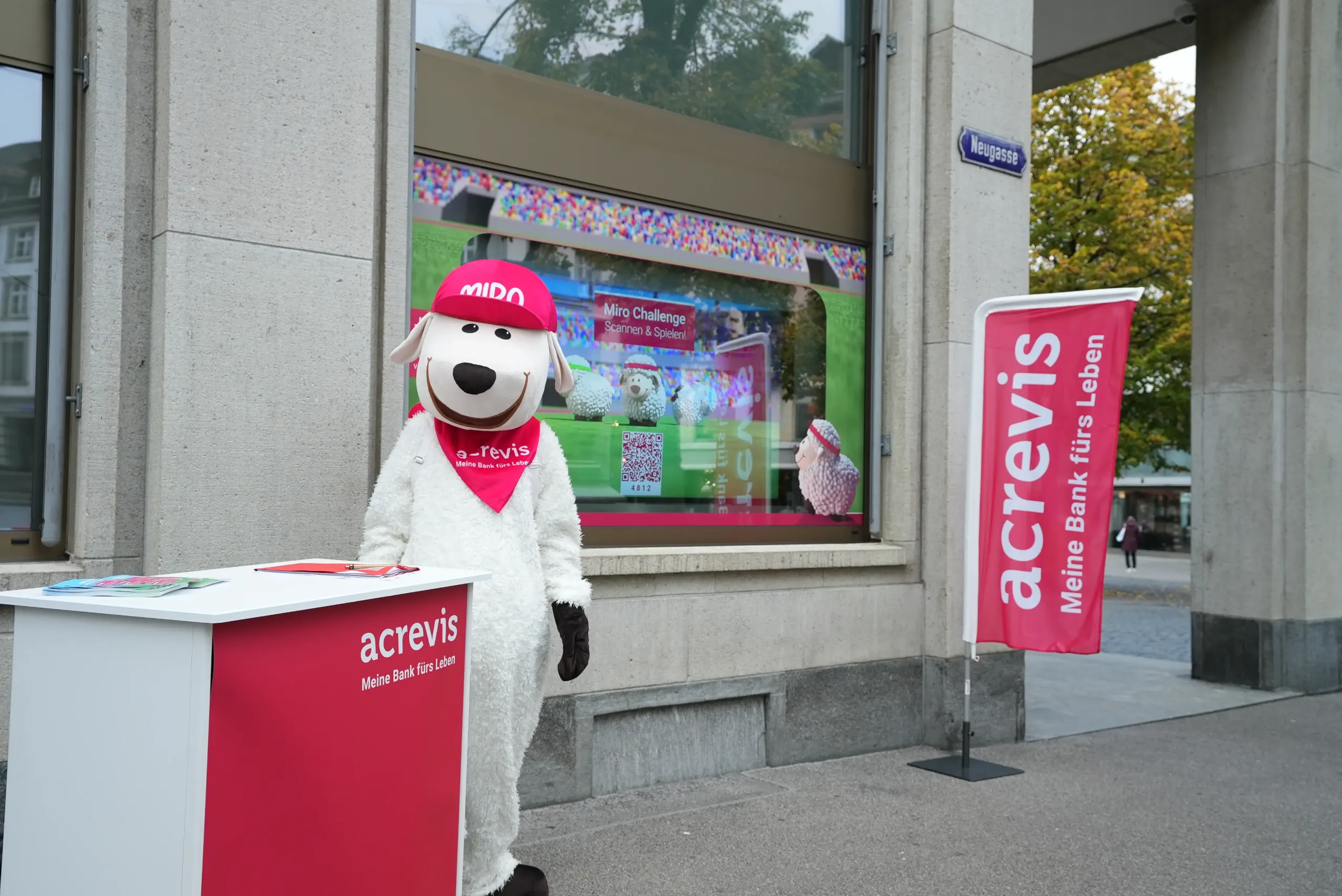 In front of the Acrevis headquarters, the sheep mascot Miro stands by the digital signage shop window displaying the gamification campaign “Sheep Miro enters the race.”