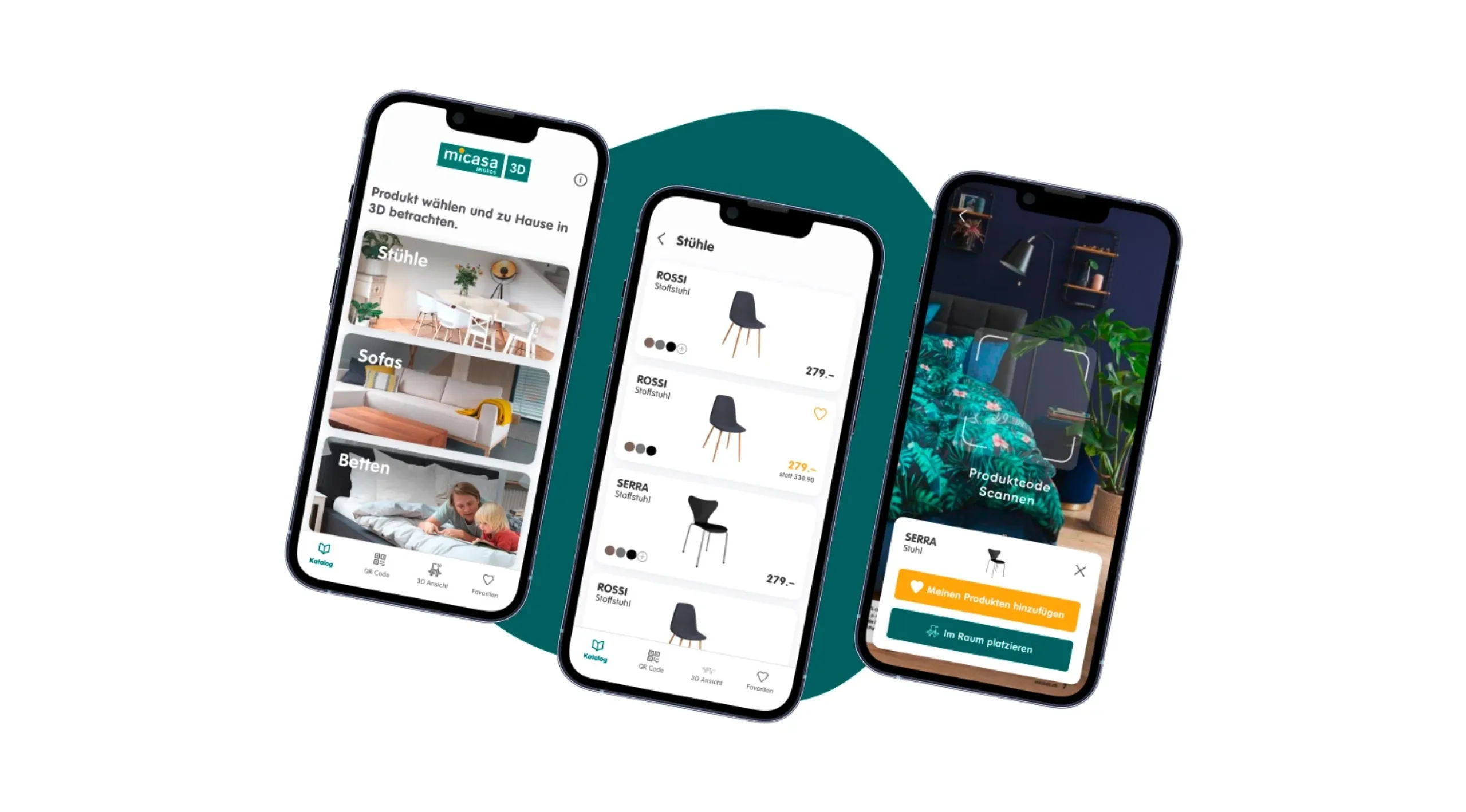 Comparison view of the Micasa augmented reality app on three smartphones.