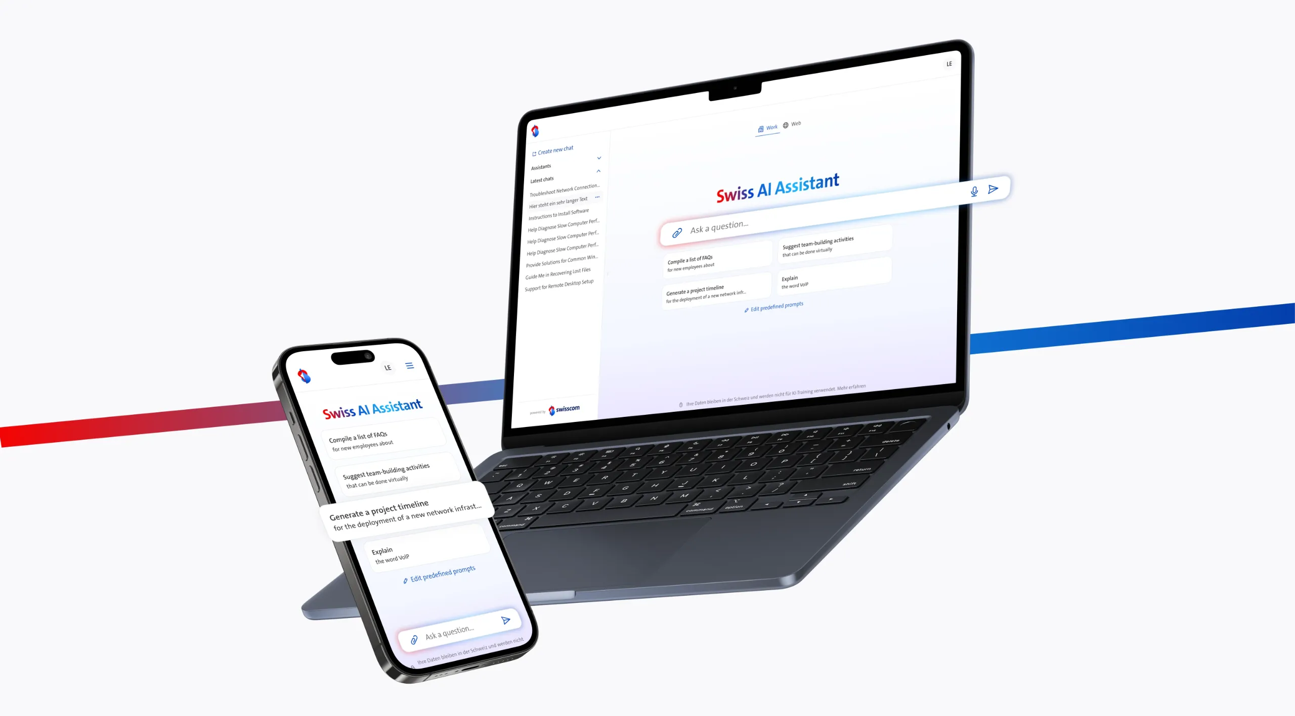 Mockup of an iPhone and Macbook showing the Swiss AI Assistant Chat function in a Swisscom design.