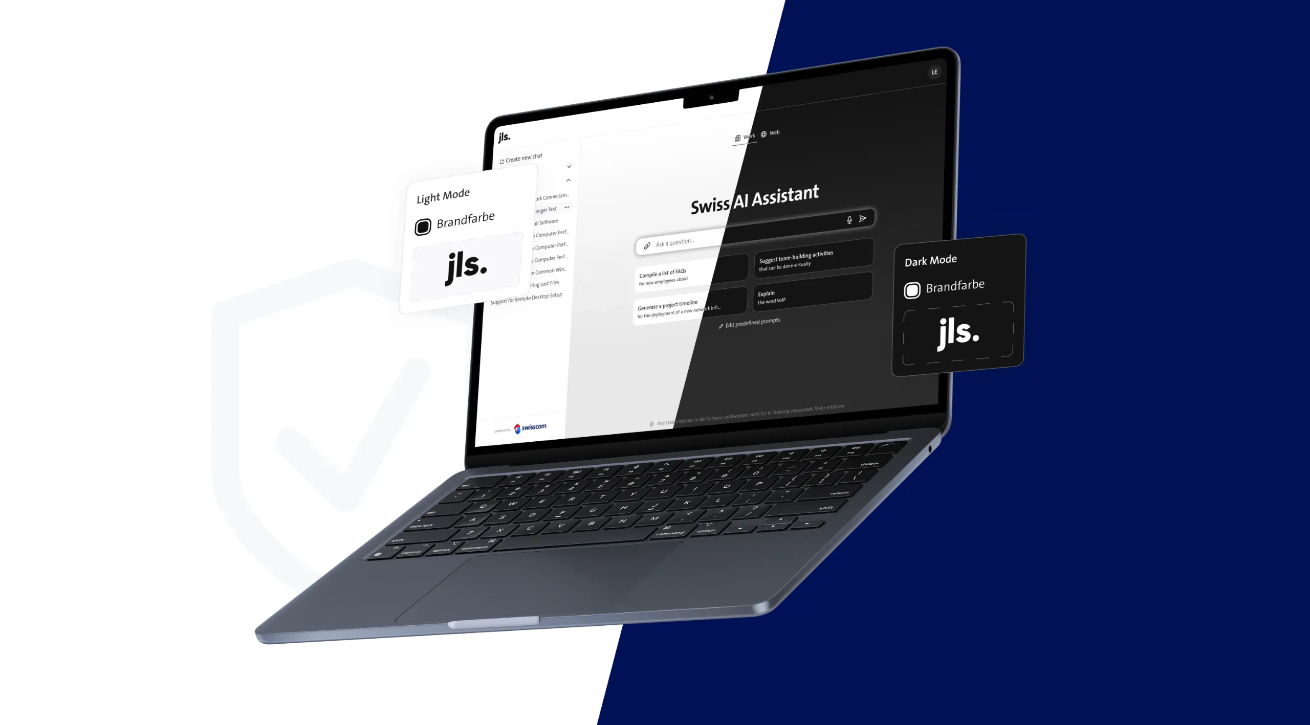 A mockup of a MacBook showing the Swiss AI Assistant in the jls-design theme in both Light and Dark modes.