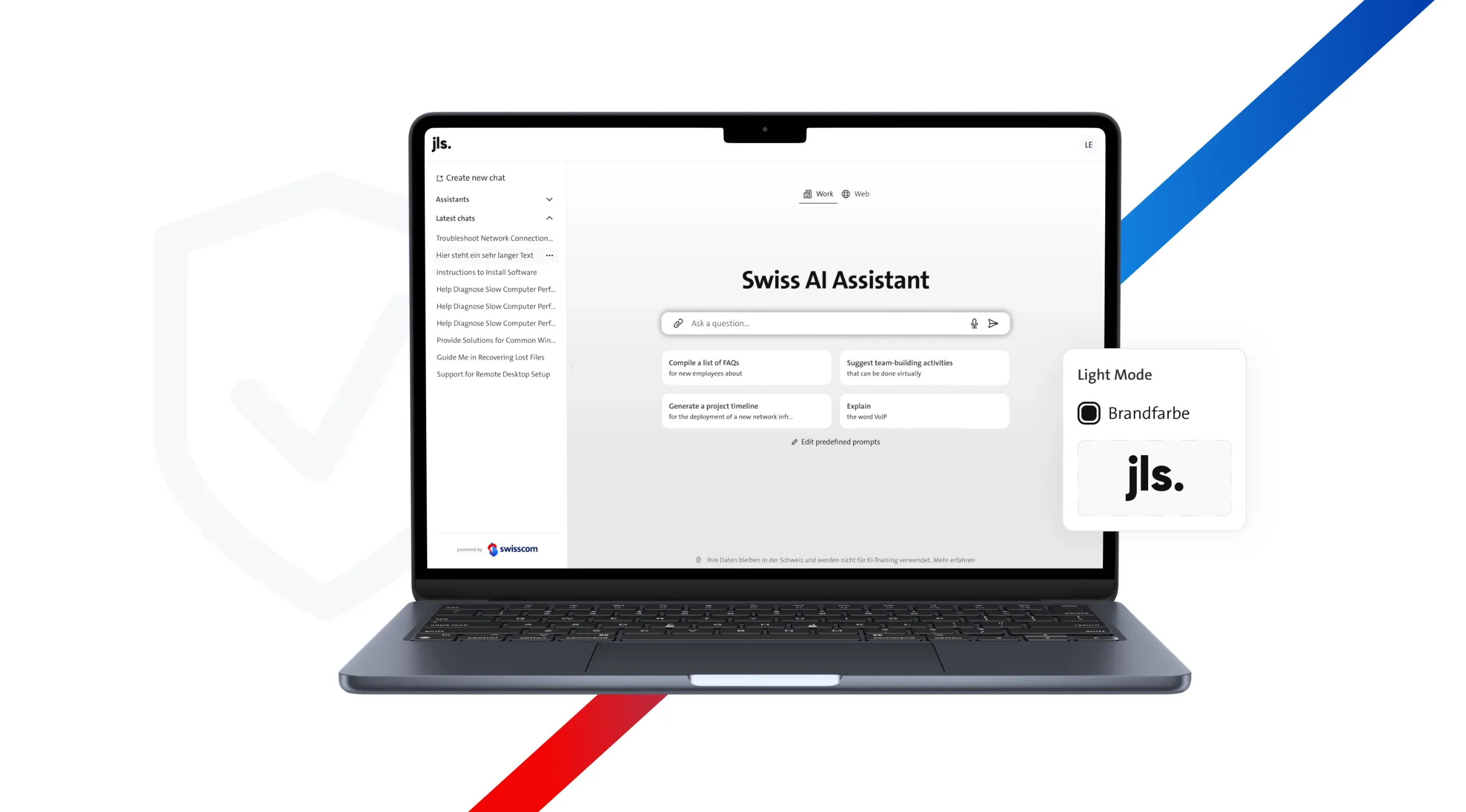 A Macbook Mockup showing the Swiss AI Assistant Chat function in jls-design.