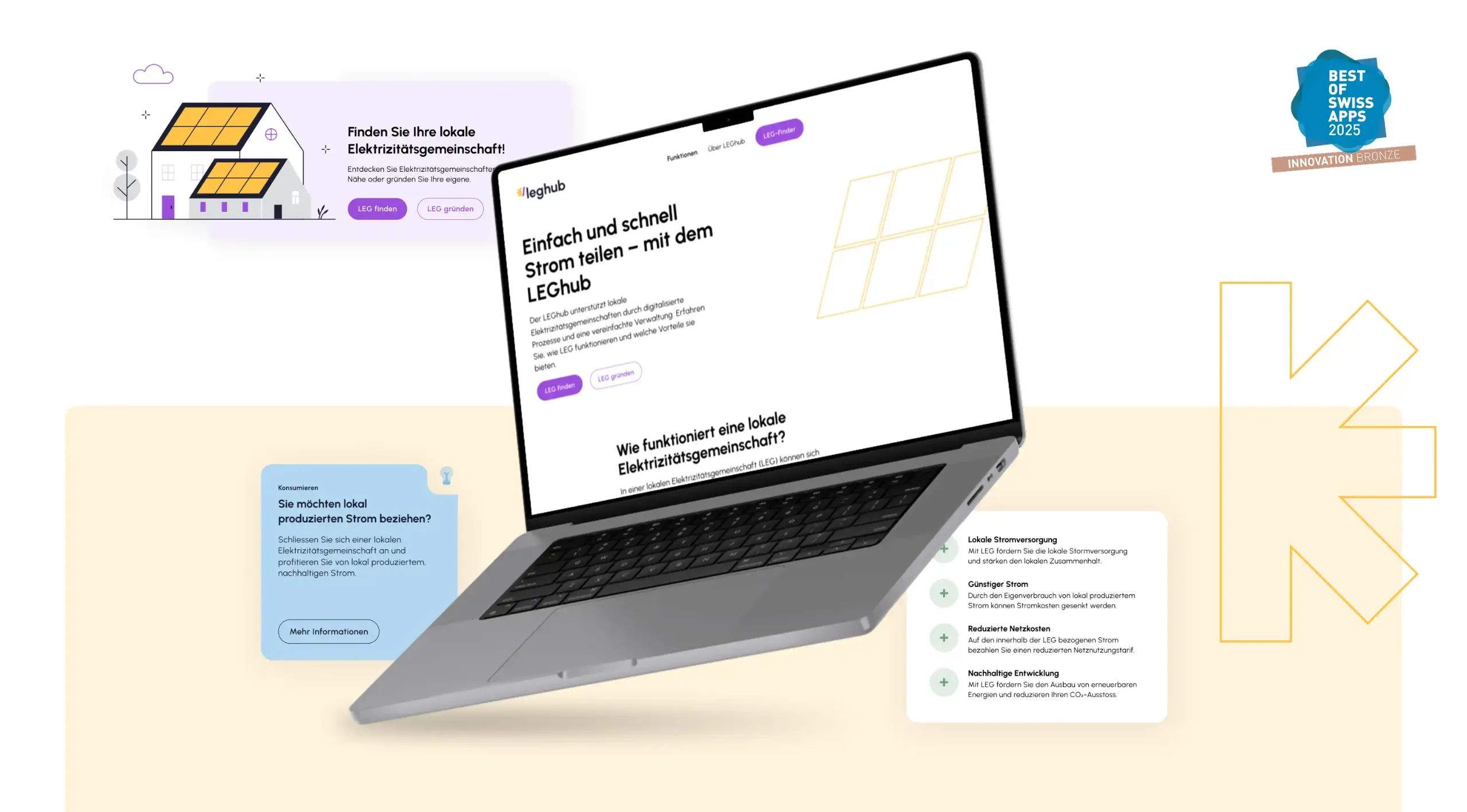 Laptop with LEGHUB website open with information on local power supply, sustainable energy and the benefits of electricity communities.