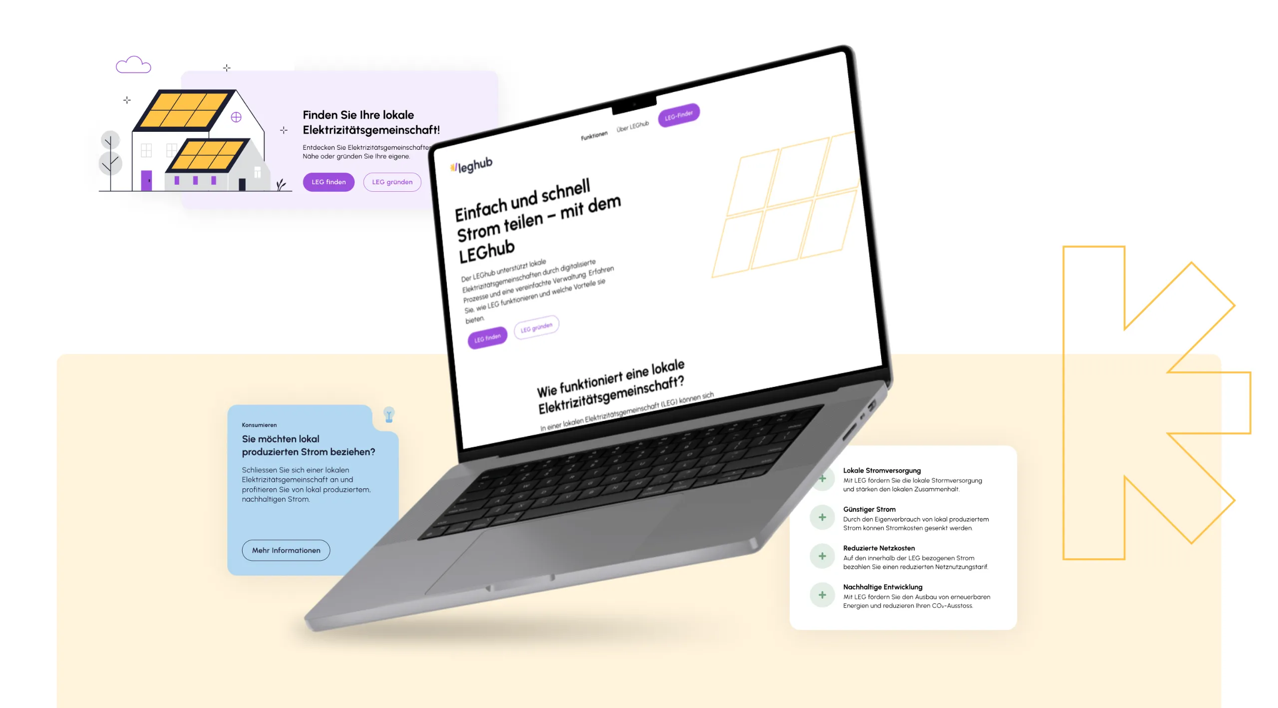 Laptop with LEGHUB website open with information on local power supply, sustainable energy and the benefits of electricity communities.