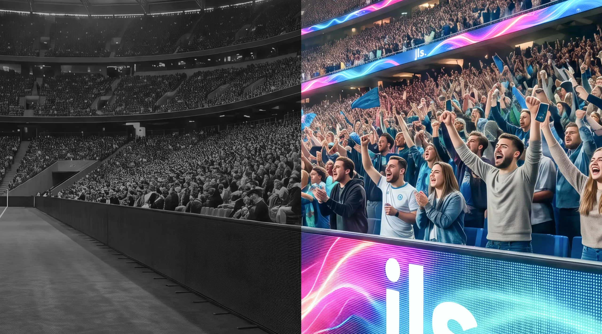 Geteiltes Stadionbild: links eine dunkle LED-Bande in Graustufen, rechts jubelnde Fans vor einer farbig bespielten LED-Bande mit jls-Branding.