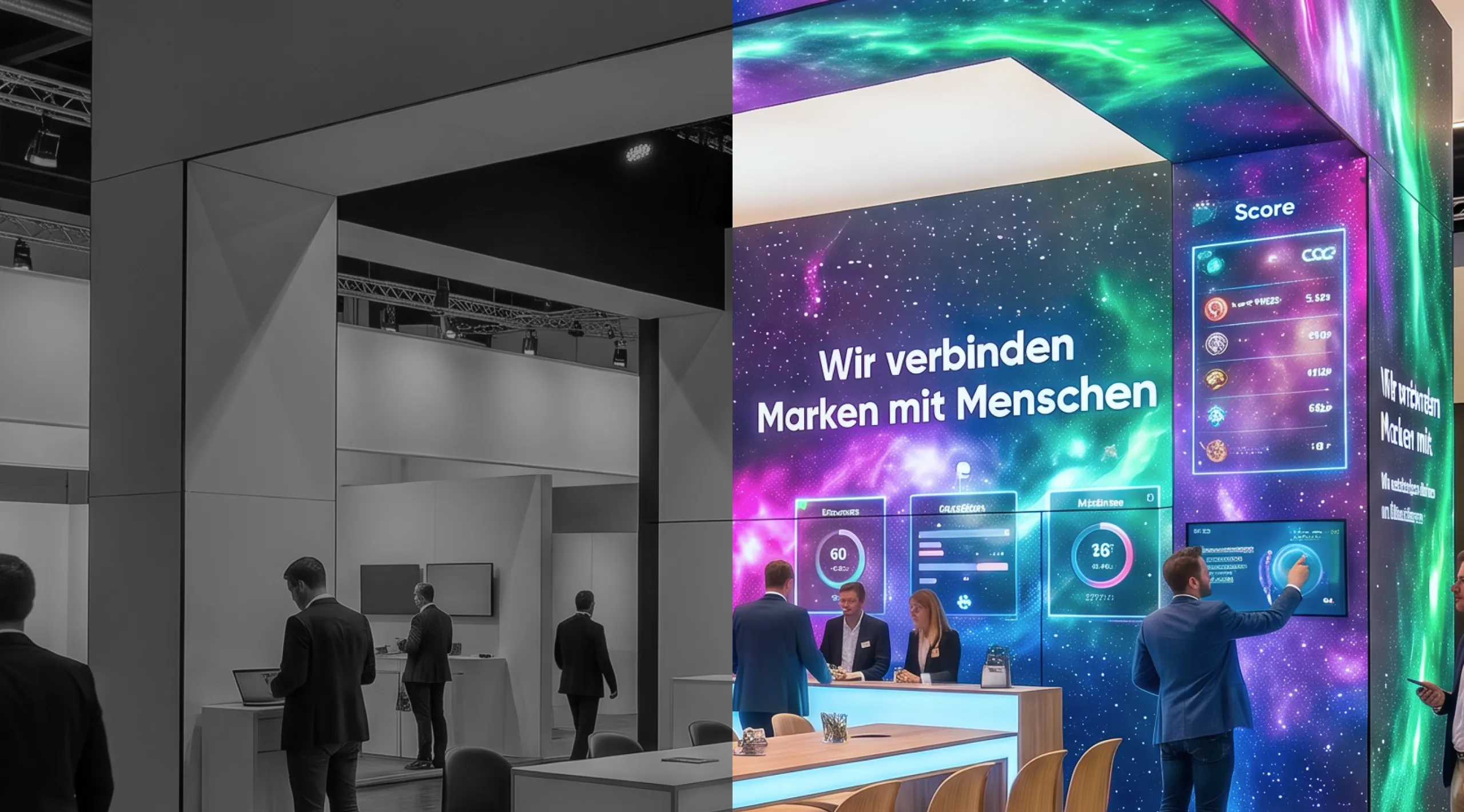 Gamification am Messestand: Ein Besucher bedient den Touchscreen vor einer farbigen LED-Wand mit Punkteanzeige, links derselbe Stand in Grau.