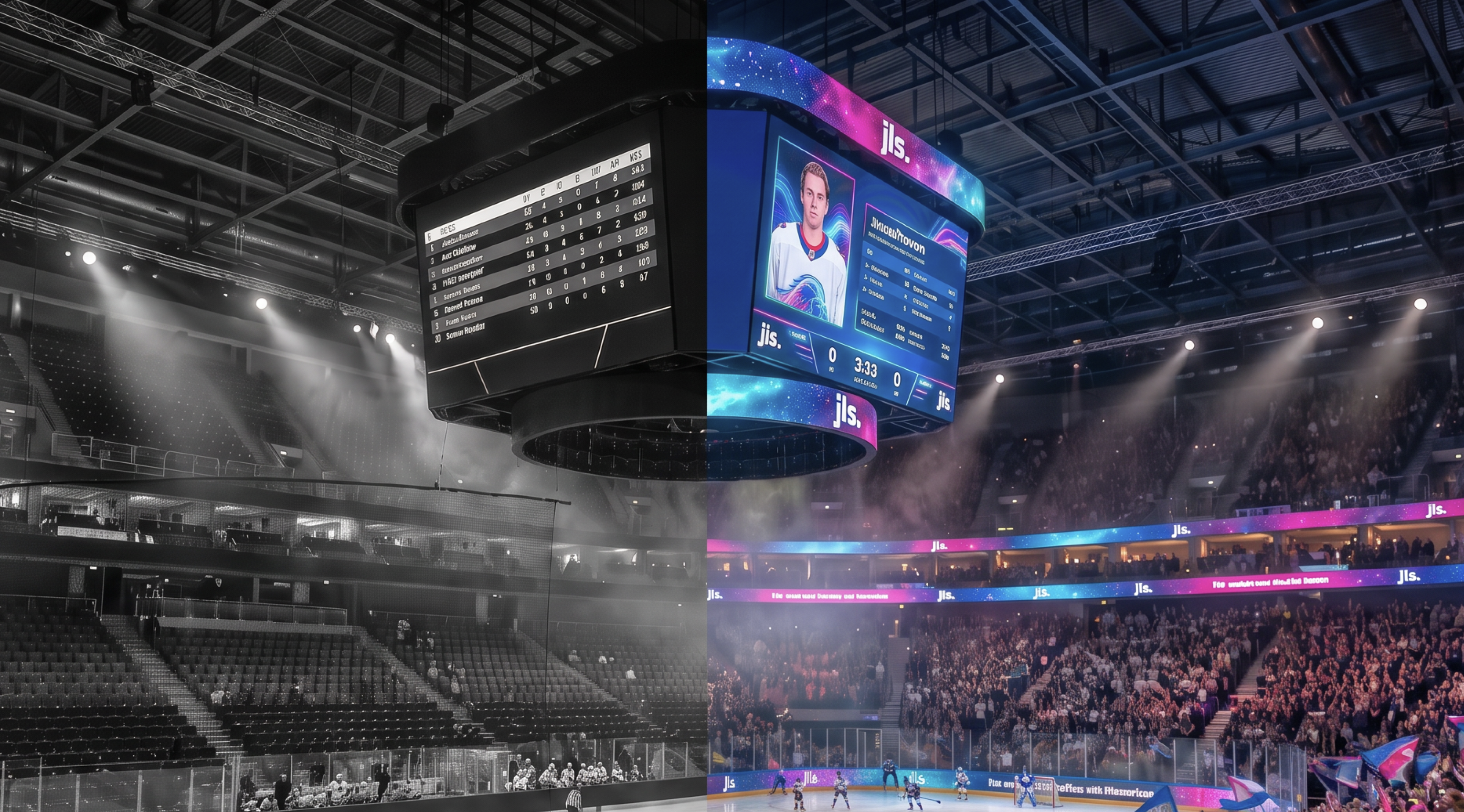 Geteiltes Bild einer Eishockey-Arena: links unbespielt in Graustufen, rechts mit Publikum, farbigen LED-Banden und Videowürfel von jls digital ag.