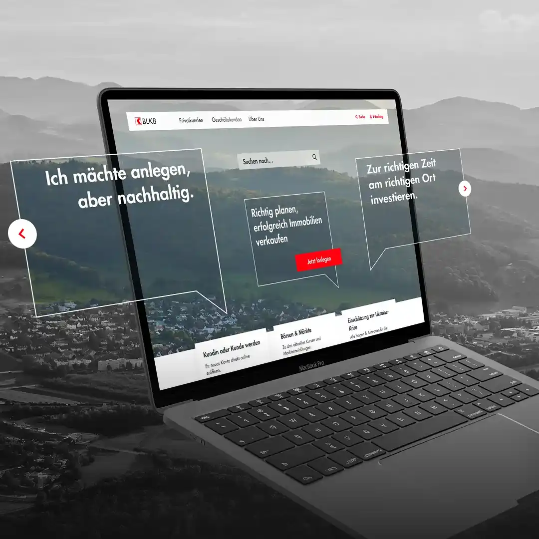 BLKB Webseite in Laptop vor basellandschaftlicher Landschaft