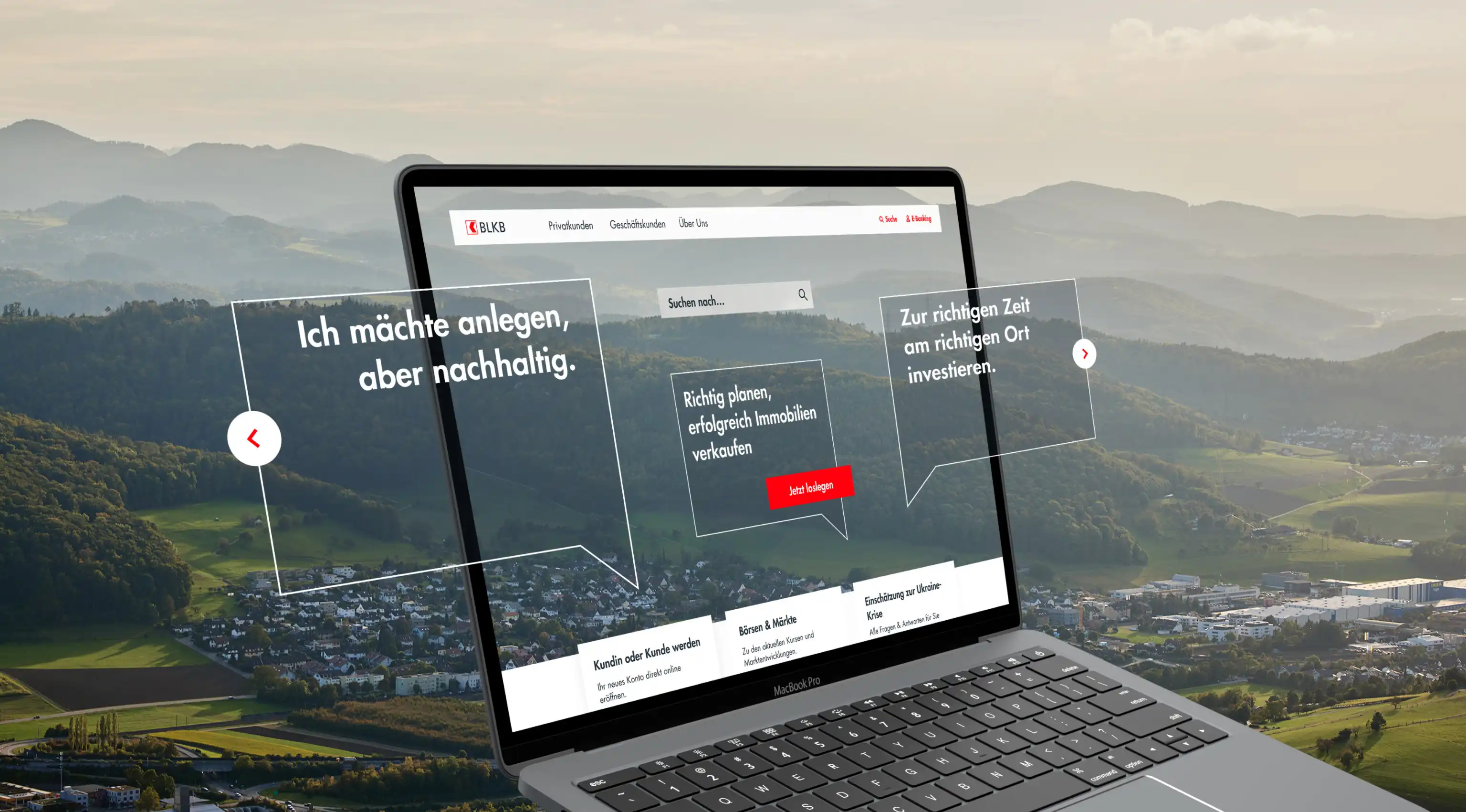 BLKB Website in mockup with landscape of Basel region