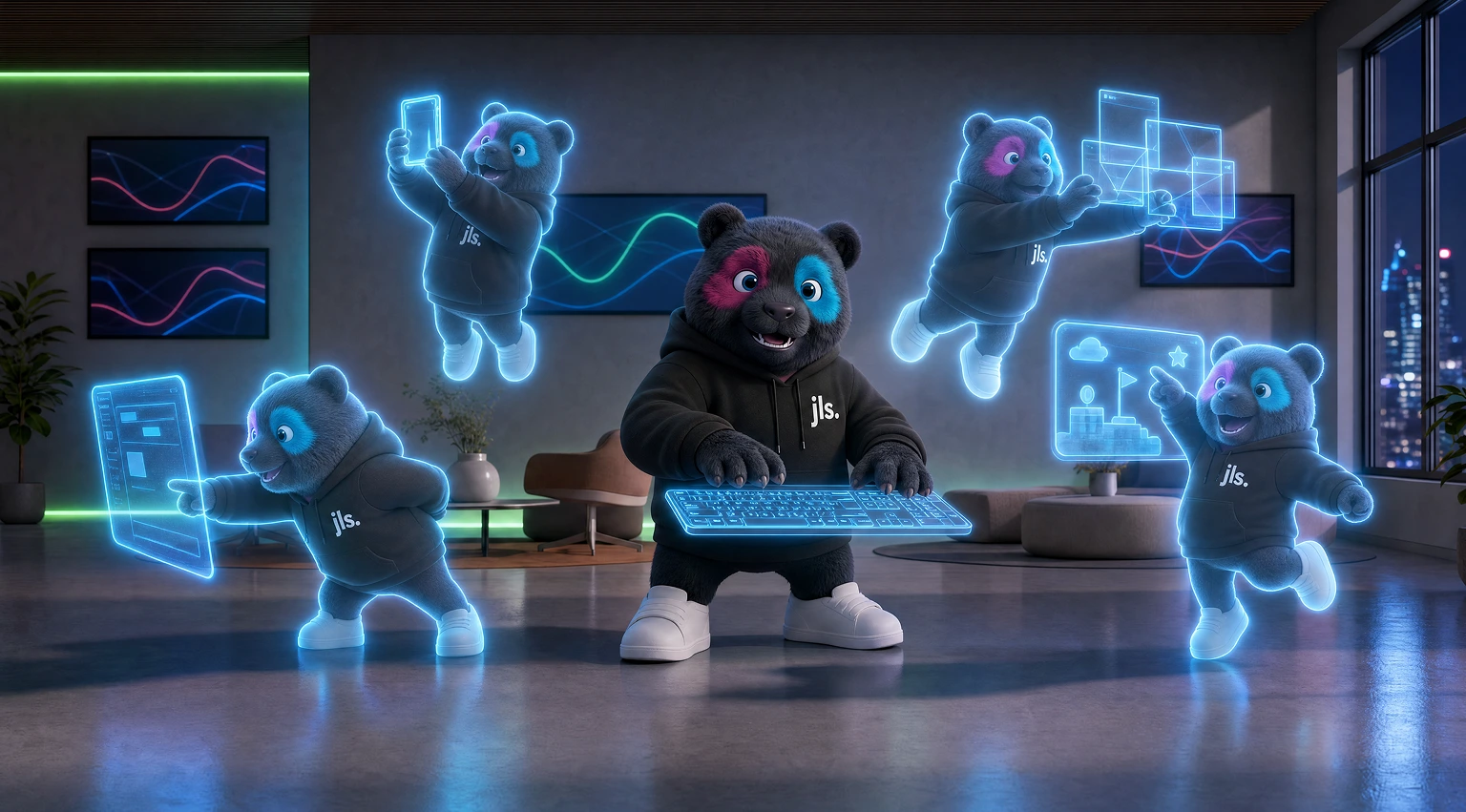 An AI-generated panda wearing a jls hoodie is animated in various work situations.