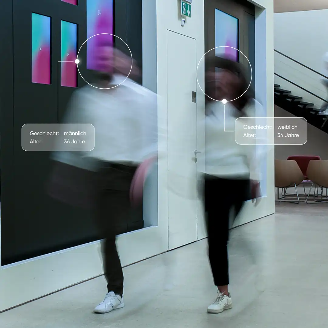 Two faces with anonymised, sensor-based analytics data. You can see who is standing in front of your display, including their age, gender and dwell time..