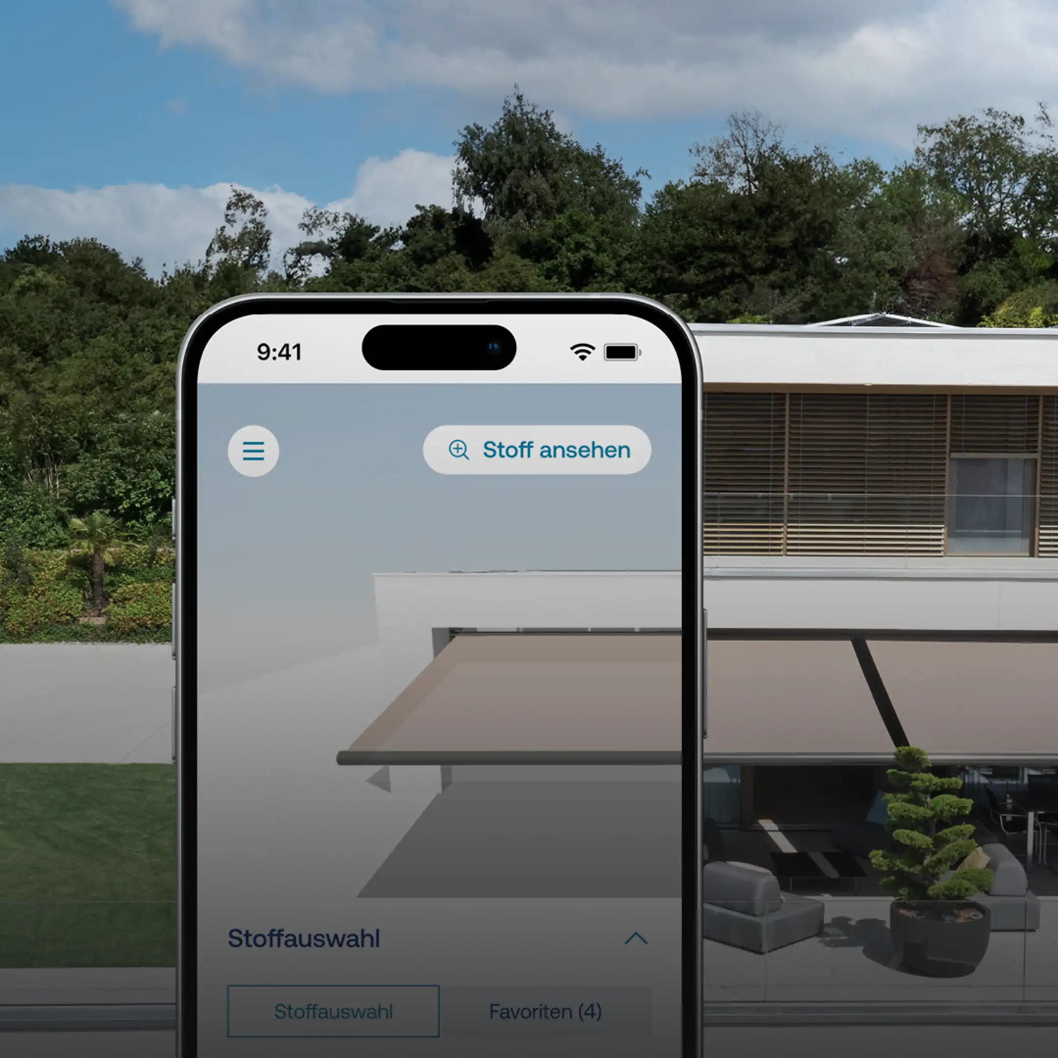 Schenker Storen awning configurator on a smartphone – web portal with digital product visualization for an intuitive consultation and selection.
