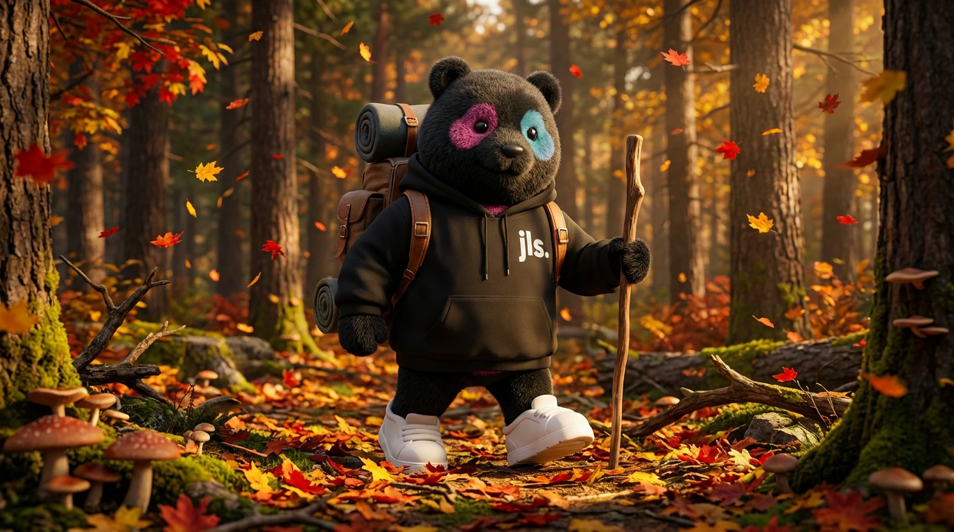 KI-generiertes jls Maskottchen, ein Panda im jls Hoodie, auf einem Waldweg im Herbst.