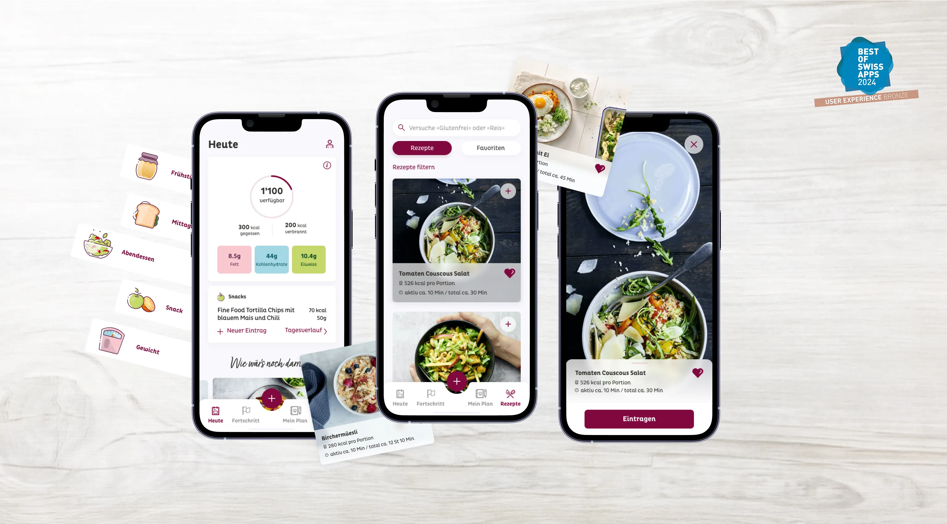 Three mockups of the Betty Bossi app on a smartphone, featuring different user interfaces