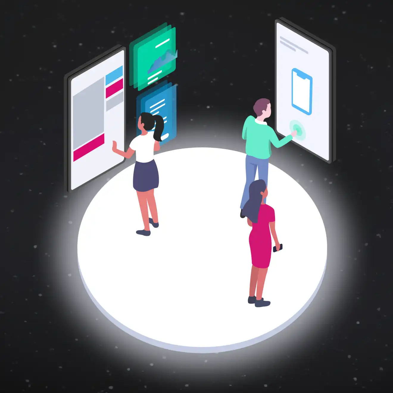 Illustration with people interacting with different screens