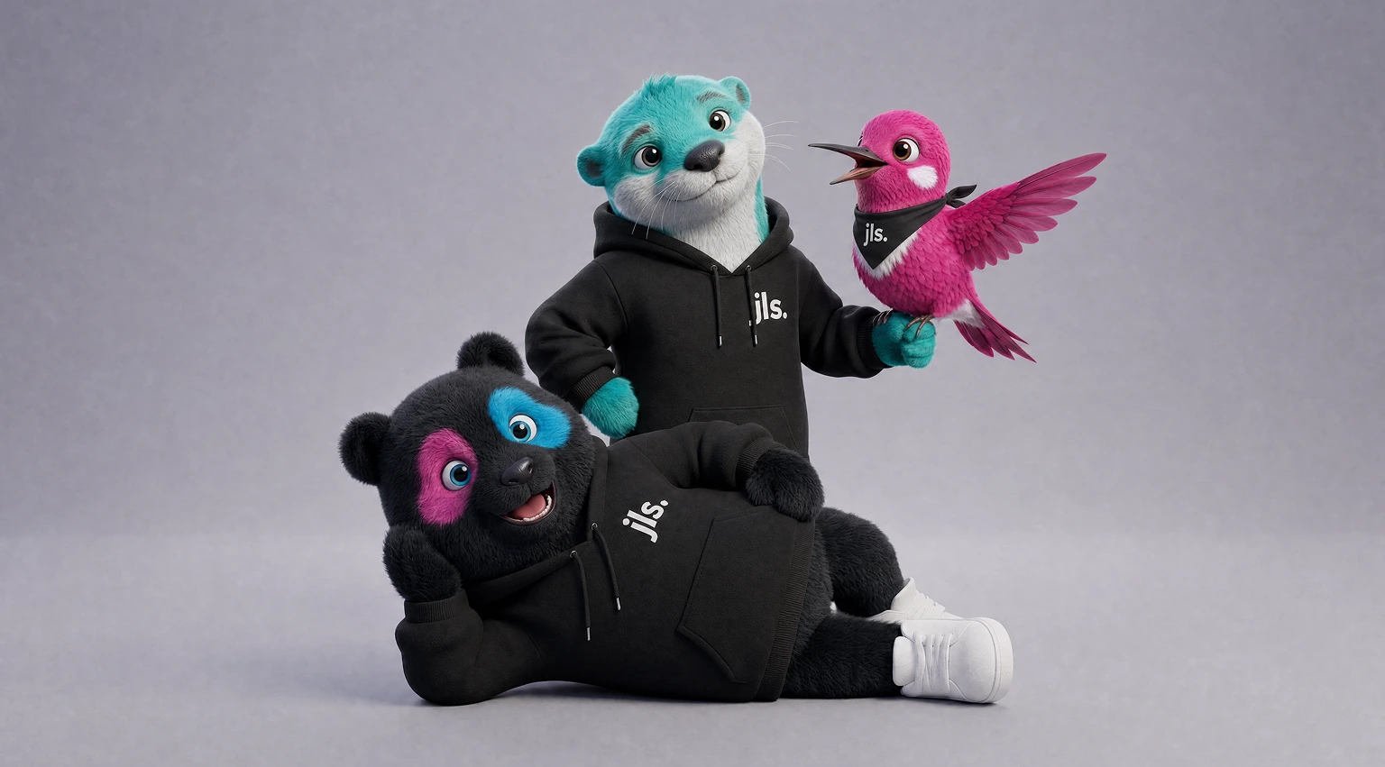 KI-generierter Panda im jls-Hoodie animiert in unterschiedlichen Arbeitssituationen.