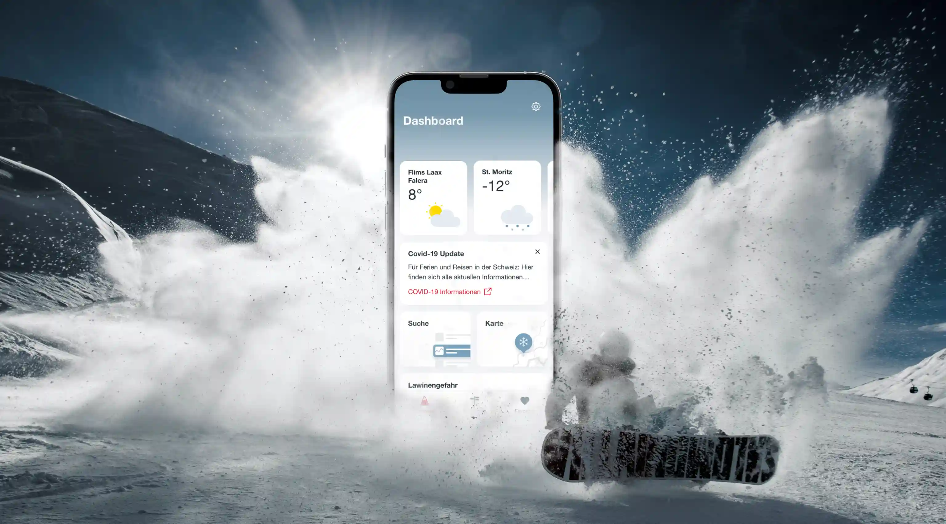 Swiss Snow App von Schweiz Tourismus im Mockup in einer Schneelandschaft mit Snowboarder