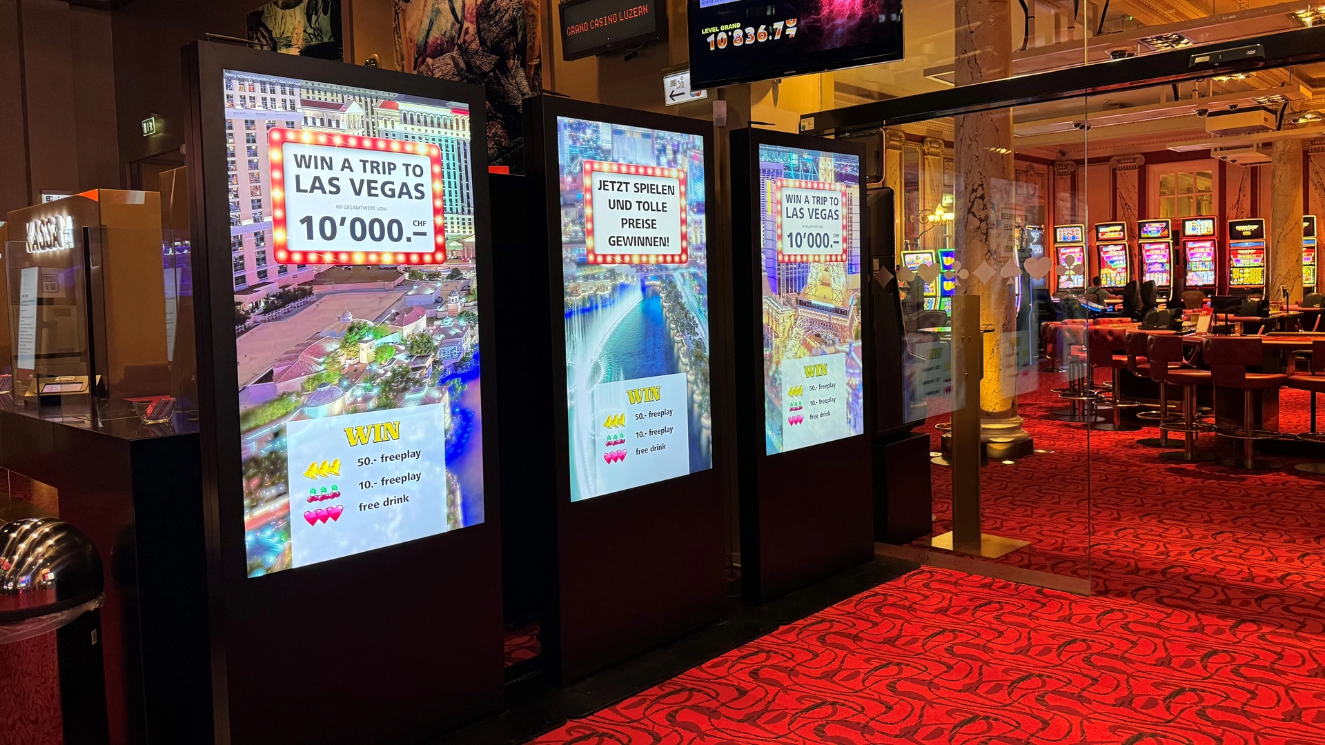 Gamification und Digital Signage von jls im Grand Casino Luzern: interaktive Screens mit spielerischen Inhalten im Casino-Umfeld.