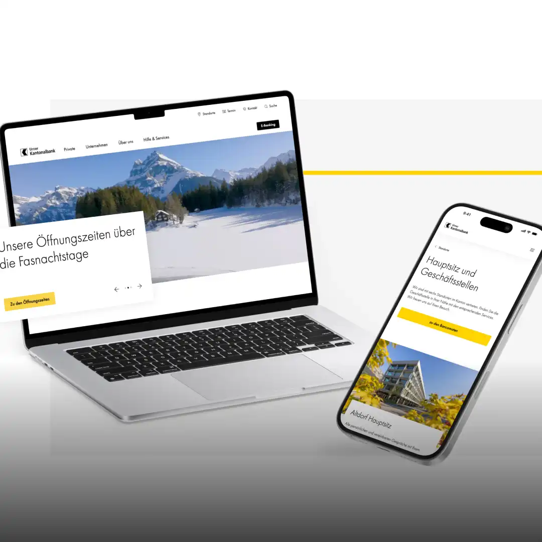 Laptop and smartphone displaying the new ukb.ch website after the relaunch – modern funnel-based design with strong user focus.