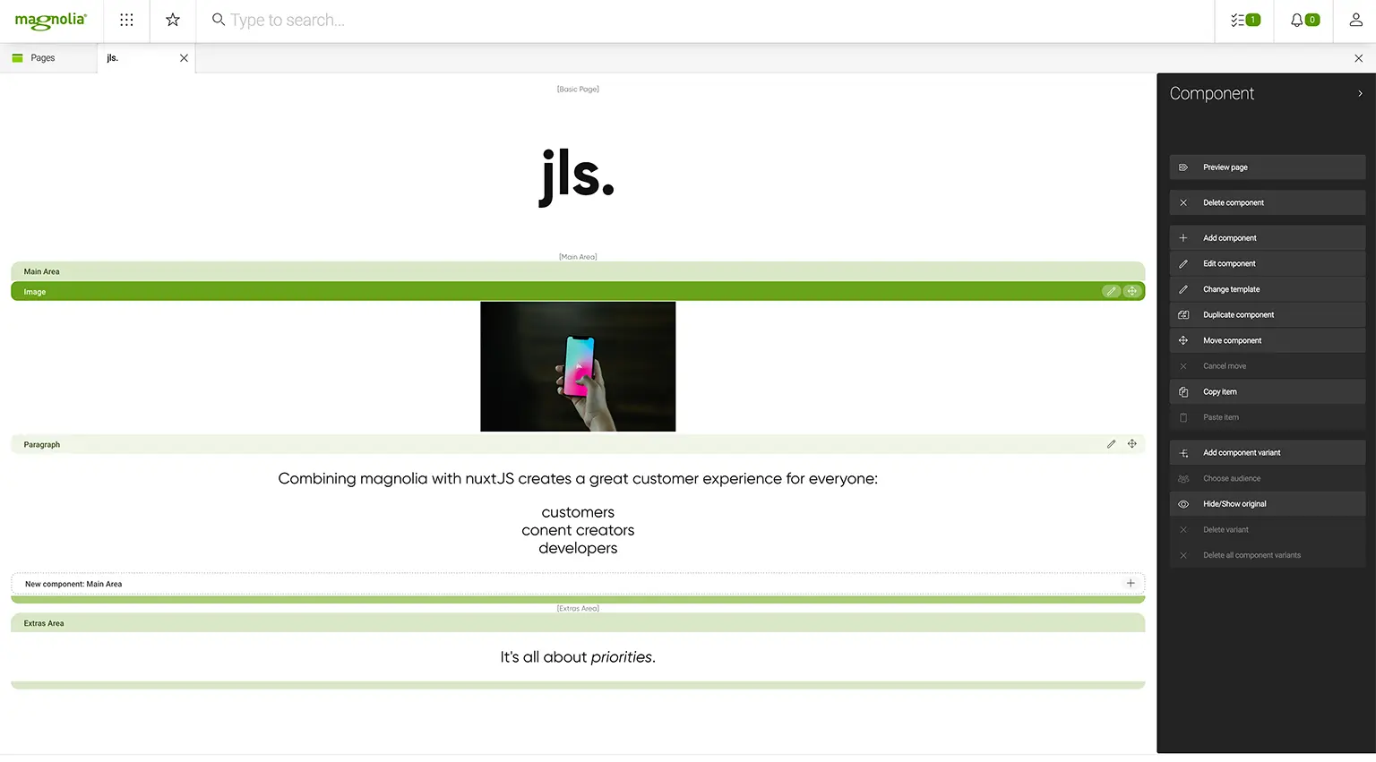 Screenshot from the Magnolia CMS with clicked image component